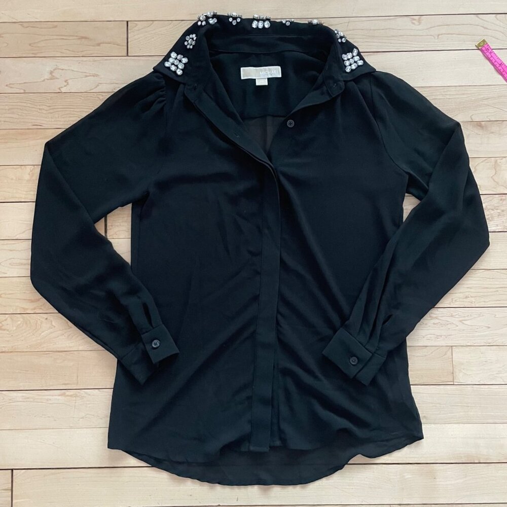 Michael Kors Embellished Collar Sheer Blouse XS Black Jewel Rhinestone Top Glam - Picture 9 of 14